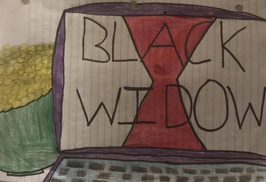 Drawing of a bowl of popcorn and a computer with the title of the film Black Widow, which comes out May 7. 