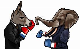 The two parties fighting represented by a donkey and an elephant. Pictured on the left is a donkey representing the republican party, and on the right an elephant representing the democratic party.