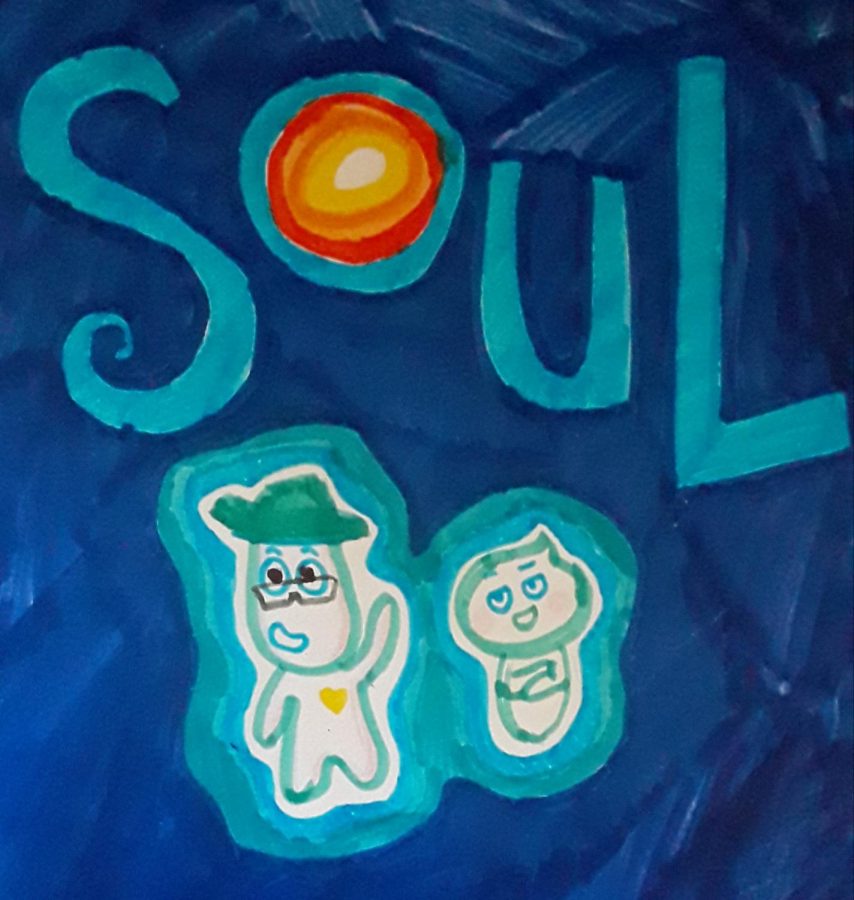 Drawing Inspired by Soul movie poster, which displays the title of the movie along with the main characters; Joe Gardner voiced by Jamie Foxx (left), and 22 voiced by Tina Fey (right)    