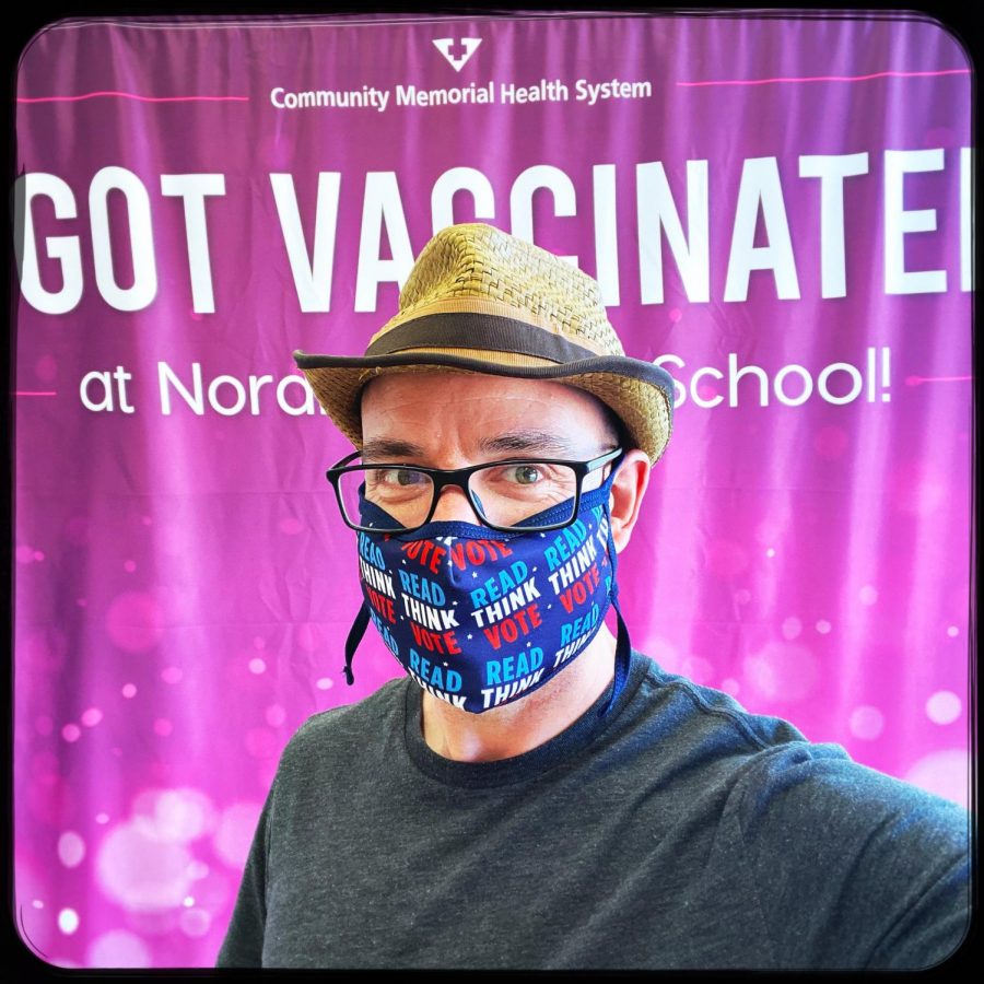 Joel Levin stops for a selfie  post-vaccination at Nordhoff high school.