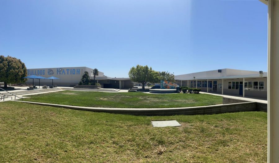 Photo of the quad area of Buena, best known as the Orange Peel. The quad has earn this nickname due to the stage structure off to the right, which resembles an orange peel.  
