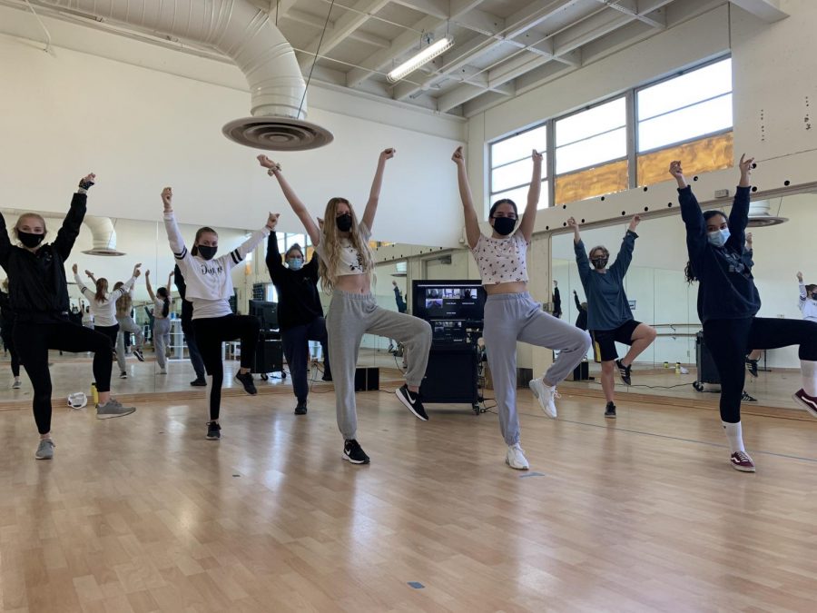 The dance team in the studio- some in person and others virtually- pose in the middle of a dance step while Schreifels (left) leads them. 