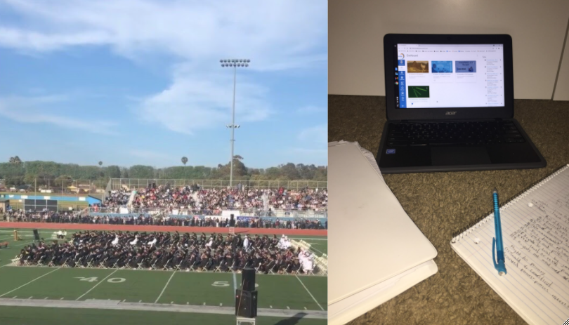 Picture (left) of a Buena high school graduation ceremony at its full glory two years ago. The other picture (right) is of a typical student desk set up for online distance learning. 