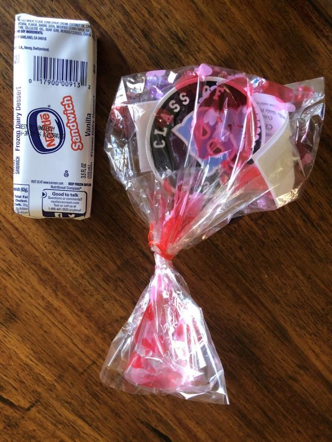  First senior gift on Feb. 23 included a Valentine’s day themed gift bag with candy and a senior sticker, as well as an ice cream sandwich. 