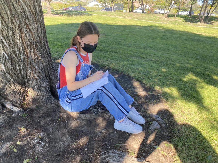 Senior Claire Trask writing her new years resolutions under the shade of the blooming tree.