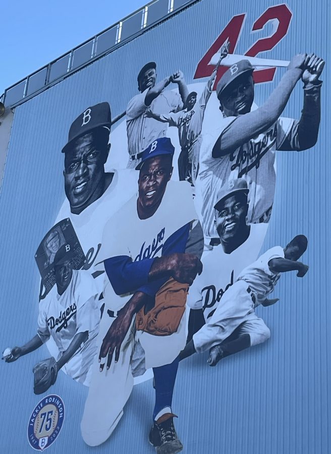 Jackie Robinson Poster on the side of the left field entrance at Dodger Stadium for the 75th anniversary of breaking the color barrier.