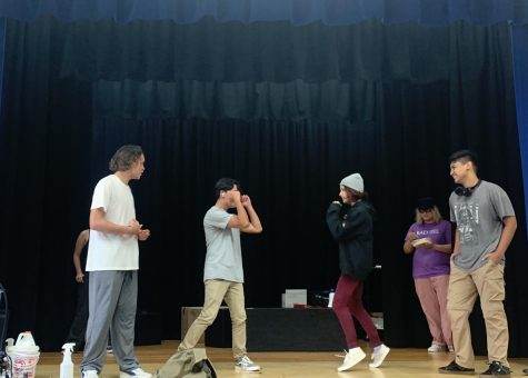 Set the scene! Junior Adam Karluk, junior Elijah Eckert, sophomore Koi Mercado, and freshman George Meier take the stage playing an improv game. The game they played is called “Translate.” Two people say gibberish, and the other two make up what they say.
