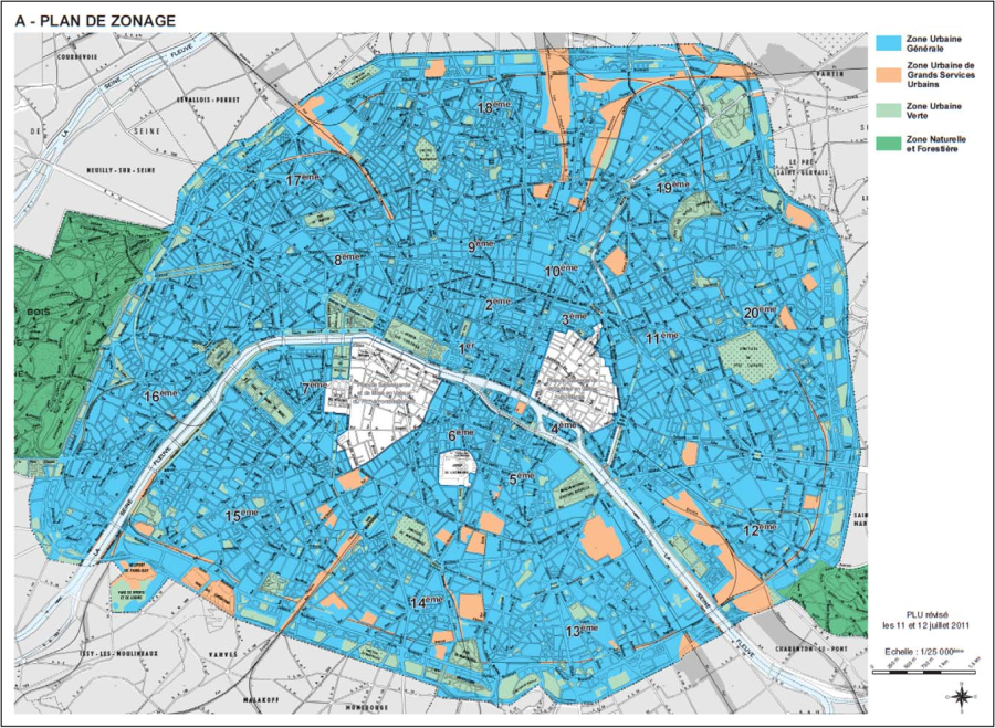 A zoning map of Paris which clearly shows that the blue, labeled General Urban Zone, is the largest zoning in the city. 