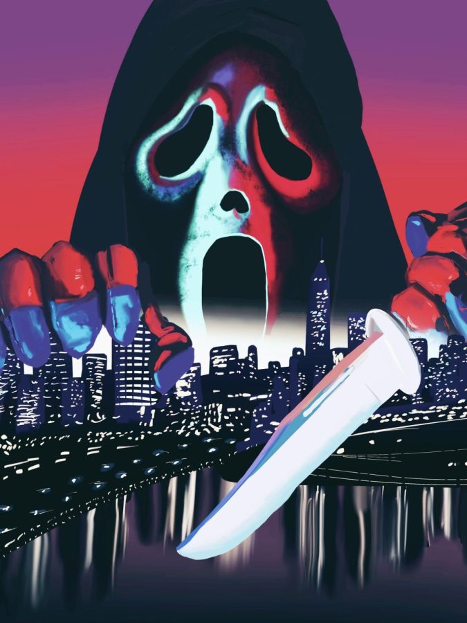 GHOSTFACE+TAKES+MANHATTAN.+Scream+VI+is+set+in+New+York+City%2C+the+farthest+the+franchise+has+been+from+the+fictional+town+of+Woodsboro%2C+California.+The+illustration+is+a+parody+of+Friday+the+13th%3A+Jason+Takes+Manhattan%2C+another+slasher+film+set+in+New+York.