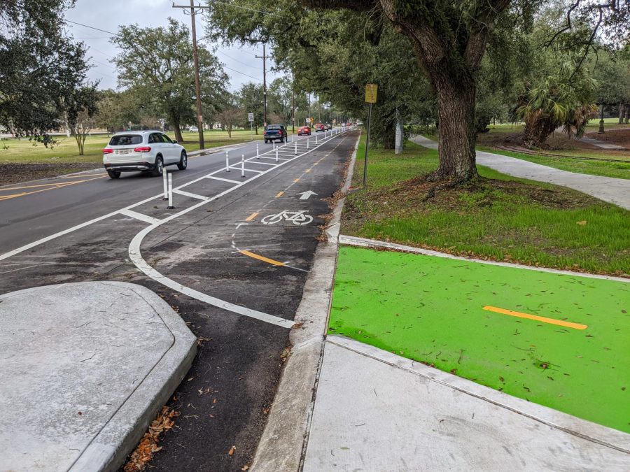 A protected bike lane on Marconi Drive, New Orleans taken Jan 2020.