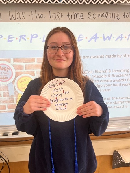 Barilone received a paper plate award on her last day as co-Editor in Chief.