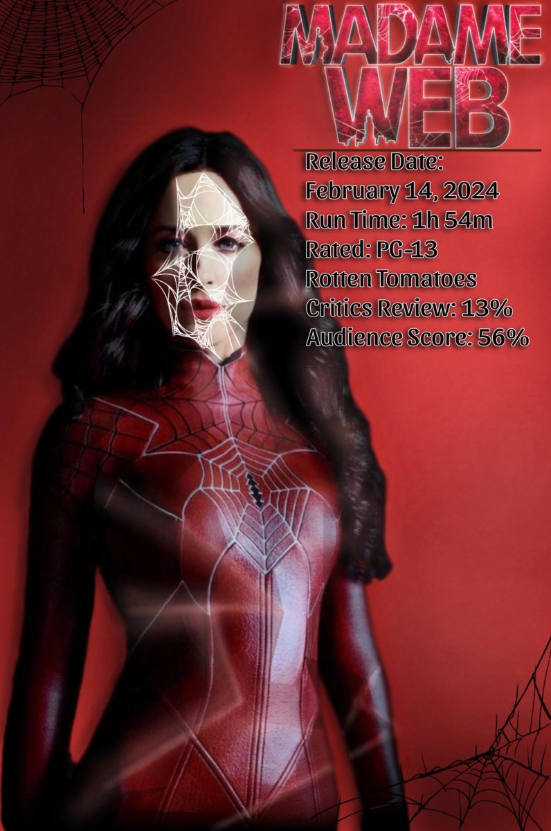 Madame Web in her superhero suit alongside details on the movie.
