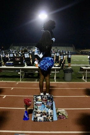 Rhea Burney shining bright during her senior game in the 2023-2024 cheer season. “All the Ventura games both football and basketball were really memorable especially last seasons football win, Burney said. We made a lot of memories throughout the entire [season], but those are like the things I remember the best.”