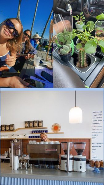The top right photo shows plants bought from Fiddle & Fern. The top left photo shows students, Addison and Bella Bruno, at the Ukulele Breakfast. The bottom photo shows the a barista at Singing Sun.