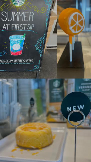 Advertisement and food display shelf from the Starbucks on East Harbor Boulevard showcasing the new summer menu.