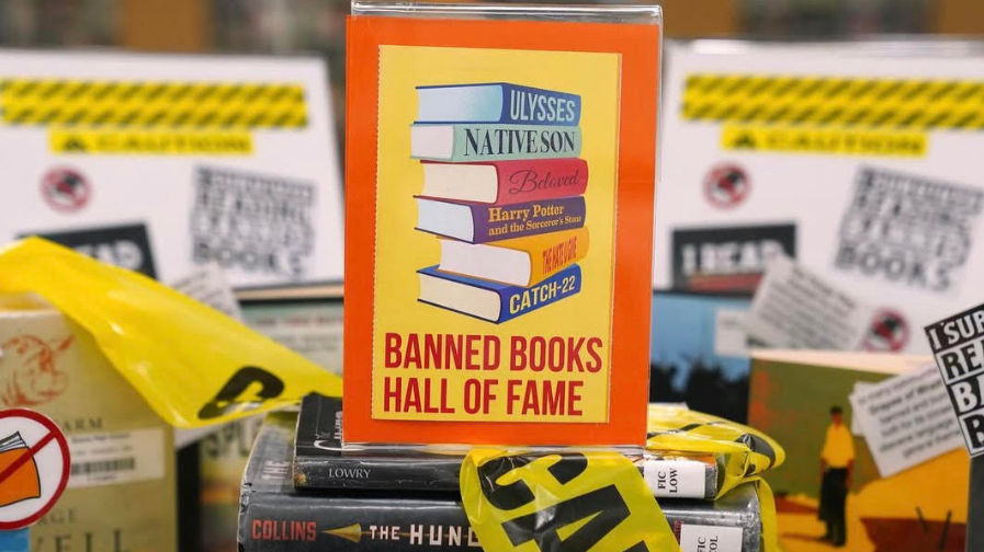 The display of banned books at the Buena Library during national Banned Books Week.