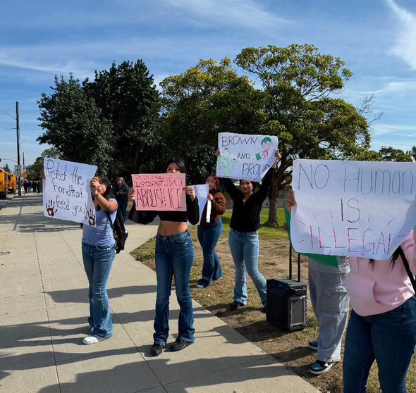 Friday morning on Jan 30. Students walked out near the bus stop at the Buena sign to protest about the anti-ICE raids.