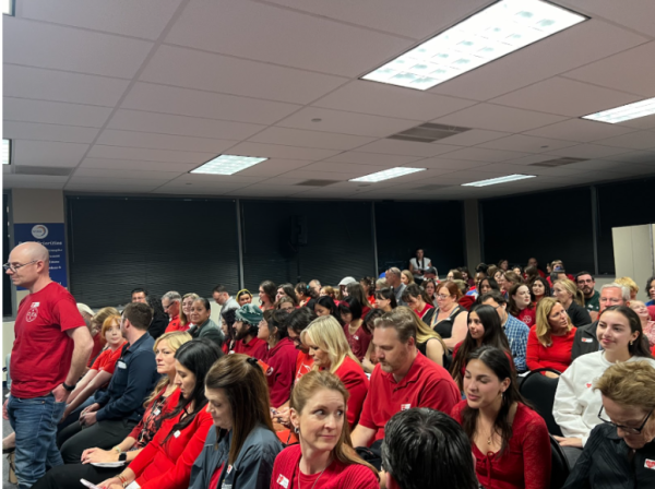 The Ventura Unified District office full to the brim with students, parents, and staff members showing their support for those who may lose their jobs. 