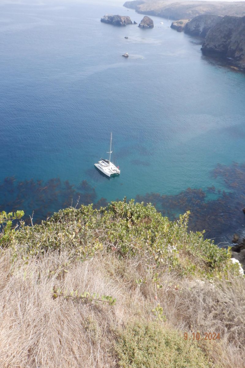 Hiking trail view overlooking Scorpion Bay at Santa Cruz Island.