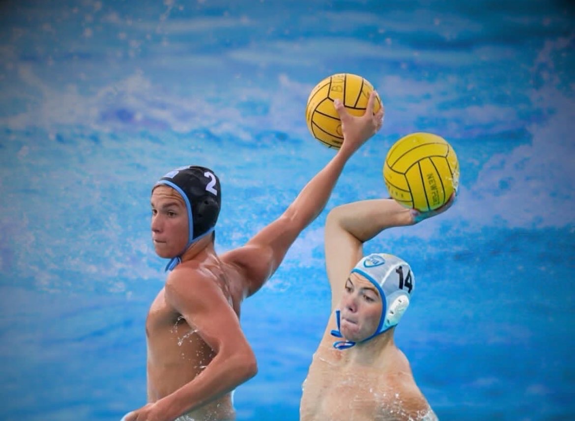 Seniors Jack Pointner and River Davis in action in the pool, both committed to D1 waterpolo teams. 