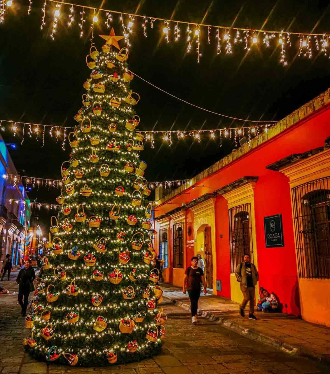 Christmas tree with hanging baskets in Oaxaca