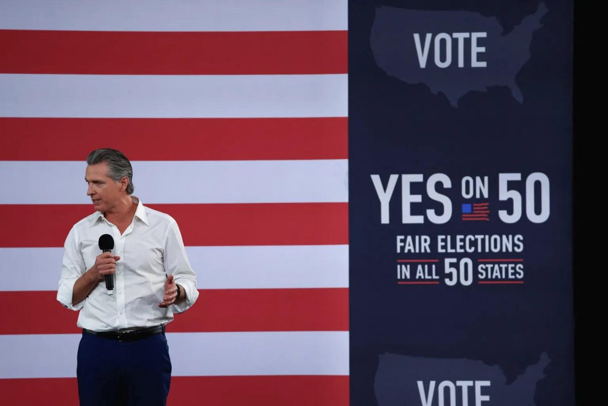 Calif. State governor Gavin Newsom speaking at a Prop 50 rally.