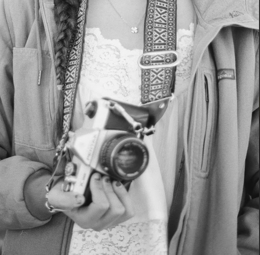 Black-and-white photo of senior Naima Dickerson's film camera as she took photos on campus.