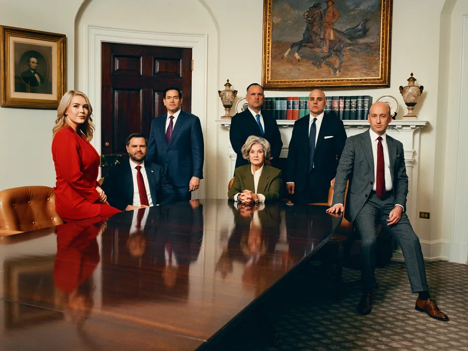 Vanity Fair’s official White House staff picture. Standing from left to right: Marco Rubio, Dan Scavino, and Howard Lutnik. Sitting left to right: Karoline Leavitt, JD Vance, Susie Wiles, and Stephen Miller.