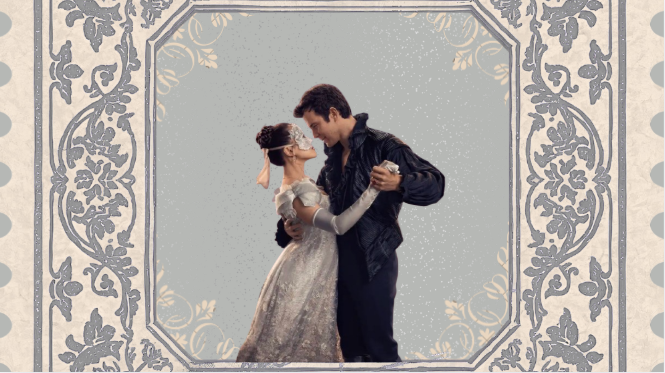 A poster of Benedict Bridgerton (Luke Thompson) and Sophie Baek (Yerin Ha) dancing. 