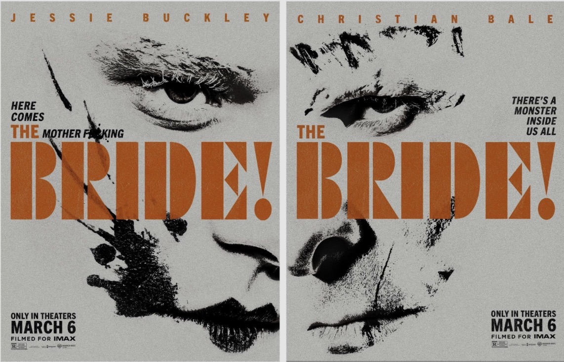 Two posters of characters in "The Bride!": the Bride (Jessie Buckley) and Frankenstein (Christian Bale).