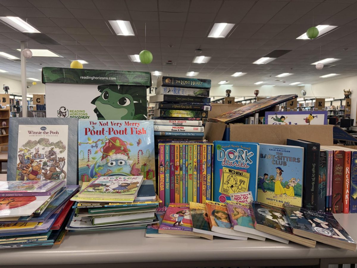 A display of all the donated books so far as of March 23 ranging from picture books to middle school level books. Donations can be dropped off at the library.