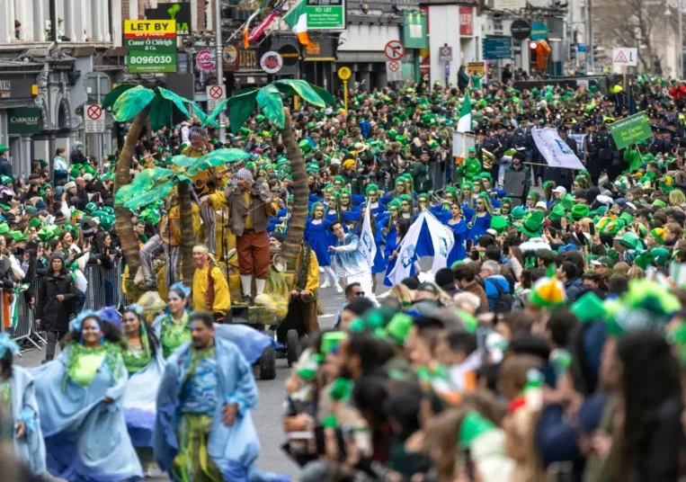 Snapshot of the St. Patrick parade in Dublin, Ireland.