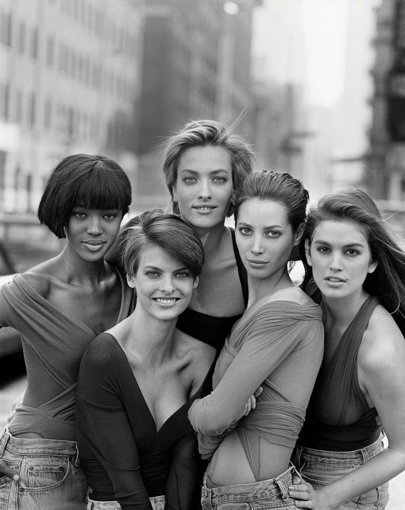 Pictured left to right: Naomi Campbell, Linda Evangelista, Tatiana Patitz, Christy Turlington, Cindy Crawford for Vogue in 1990.