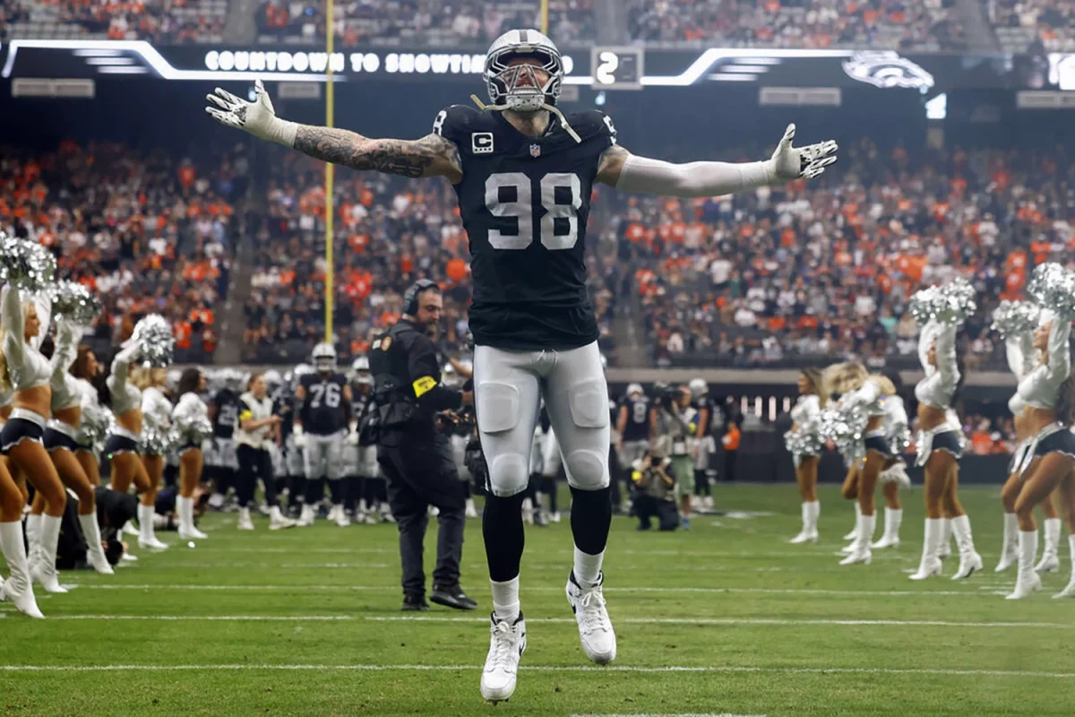 Las Vegas Raiders defensive end Maxx Crosby (98) reacts as he takes the field to face the Denver Broncos at Allegiant Stadium on Dec. 7, 2025.