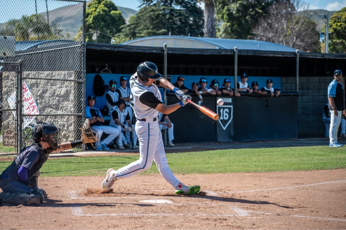 Senior Brody Kaylor hitting the ball. Kaylor hit two home runs in the game, allowing Buena to pull away for the victory.