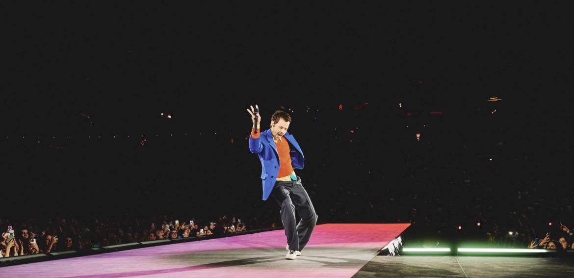 Harry Styles dancing in the Johan Cruiff Arena in Amsterdam, Netherlands on May 16, 2026.