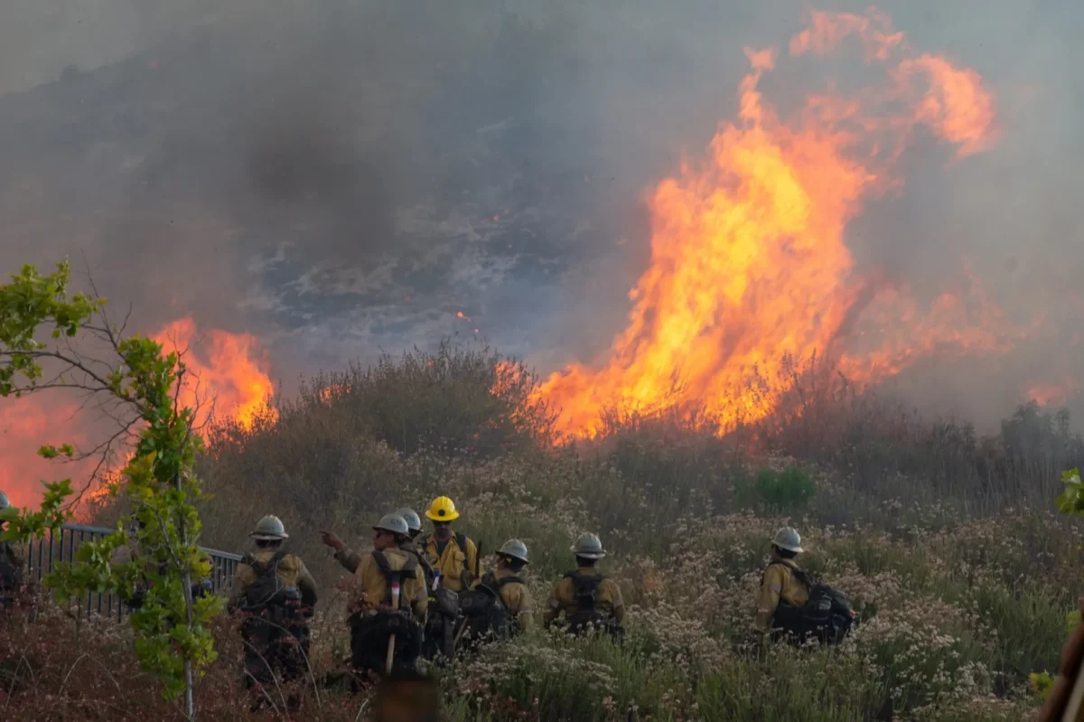 Firefighters coordinate efforts to put out the Sandy Fire on May 19.