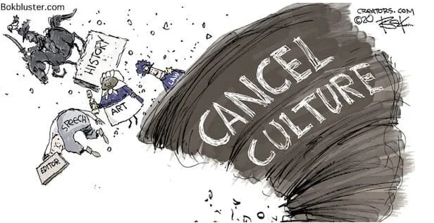 Cartoon depicting "cancel culture" in the United States.